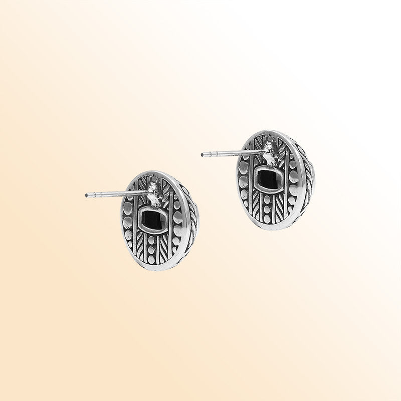 Handcrafted Balinese Sterling Silver Stud Earrings With Black Onyx And Ornate Carved Detailing