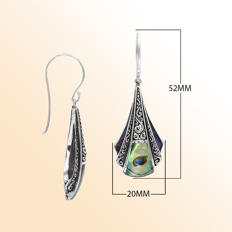 Handcrafted Balinese Sterling Silver Filigree Drop Earrings With Abalone Shell Inlay
