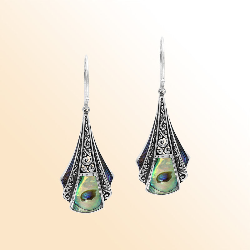 Handcrafted Balinese Sterling Silver Filigree Drop Earrings With Abalone Shell Inlay