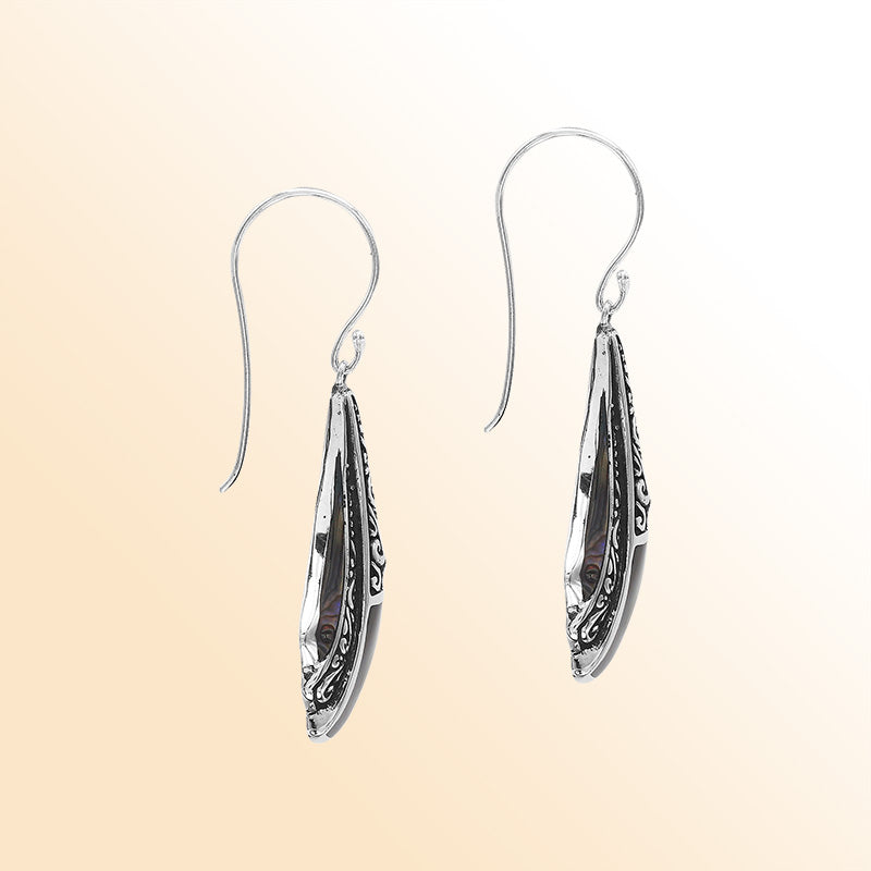 Handcrafted Balinese Sterling Silver Filigree Drop Earrings With Abalone Shell Inlay