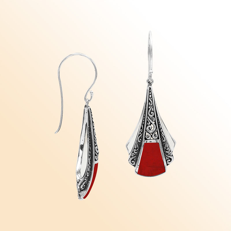 Handcrafted Balinese Sterling Silver Filigree Drop Earrings With Red Coral Inlay