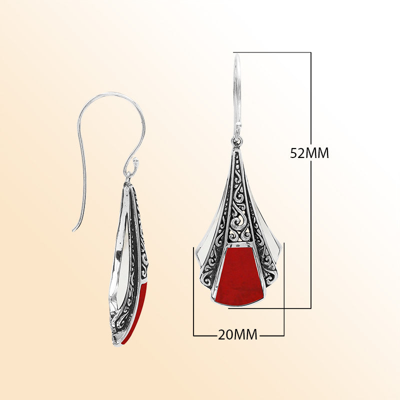 Handcrafted Balinese Sterling Silver Filigree Drop Earrings With Red Coral Inlay