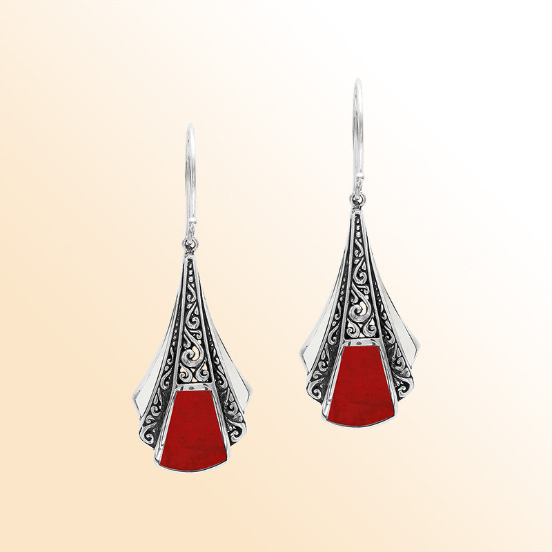 Handcrafted Balinese Sterling Silver Filigree Drop Earrings With Red Coral Inlay