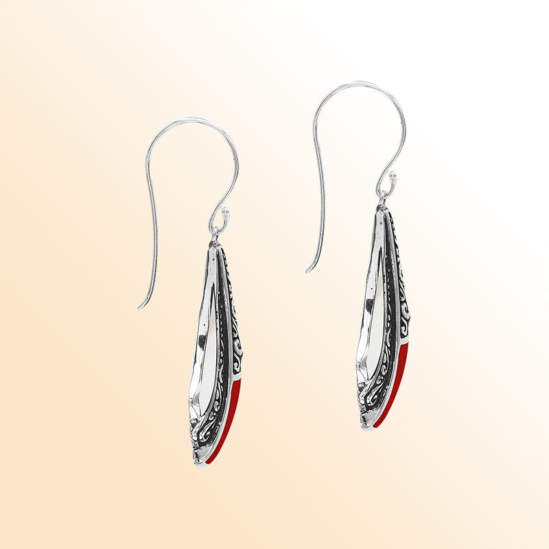Handcrafted Balinese Sterling Silver Filigree Drop Earrings With Red Coral Inlay