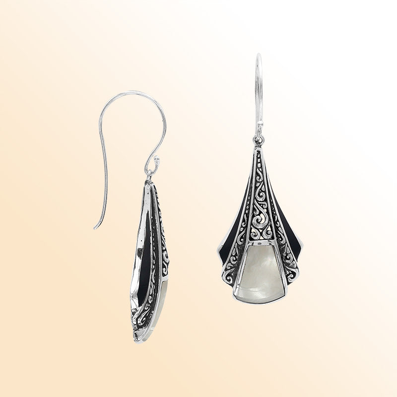 Handcrafted Balinese Sterling Silver Filigree Drop Earrings With Mother Of Pearl Inlay