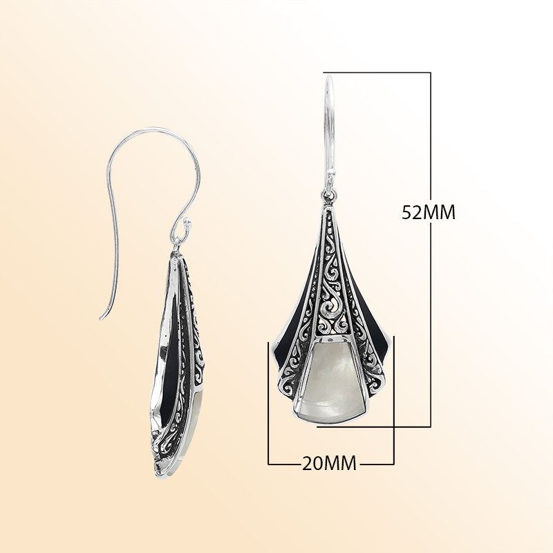 Handcrafted Balinese Sterling Silver Filigree Drop Earrings With Mother Of Pearl Inlay