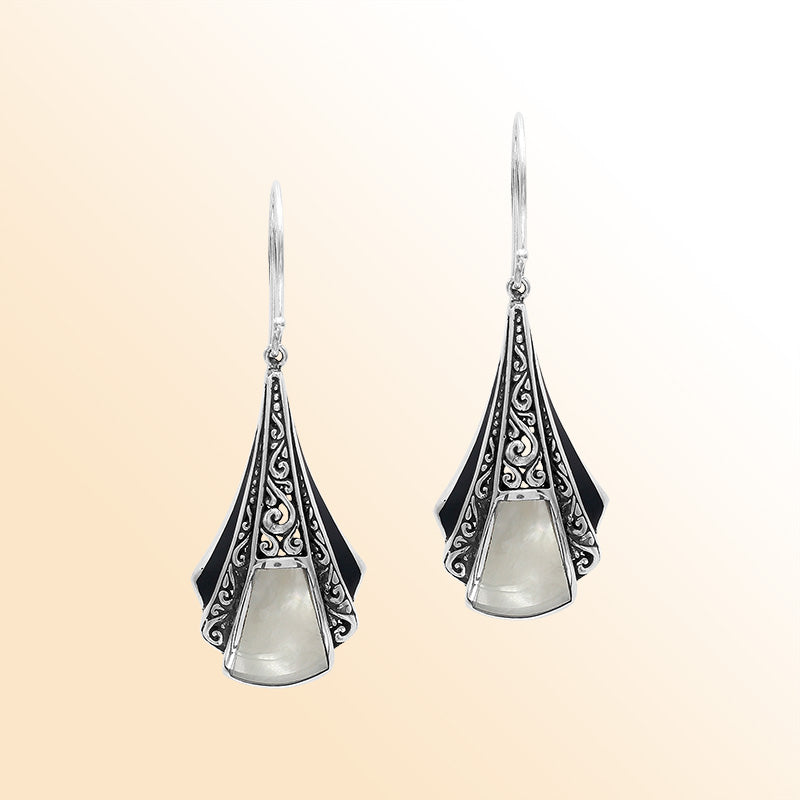 Handcrafted Balinese Sterling Silver Filigree Drop Earrings With Mother Of Pearl Inlay