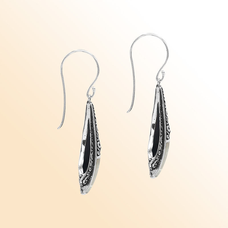 Handcrafted Balinese Sterling Silver Filigree Drop Earrings With Mother Of Pearl Inlay