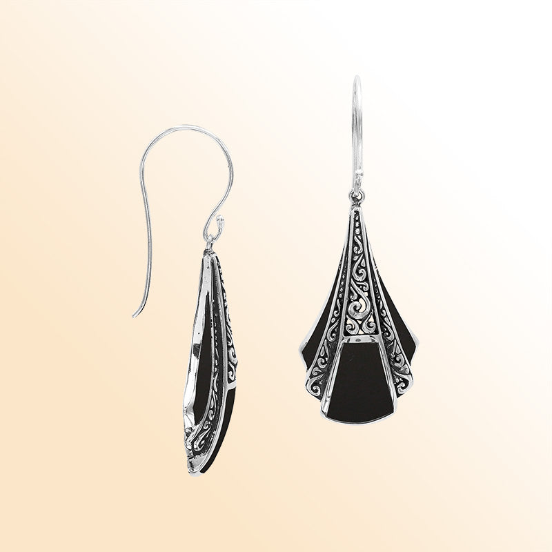 Handcrafted Balinese Sterling Silver Filigree Drop Earrings With Bold Black Onyx Inlay And Elegant Artisan Detailing