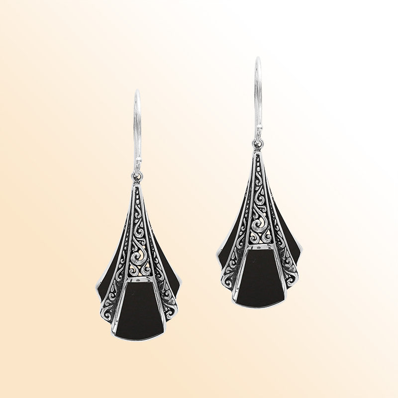 Handcrafted Balinese Sterling Silver Filigree Drop Earrings With Bold Black Onyx Inlay And Elegant Artisan Detailing