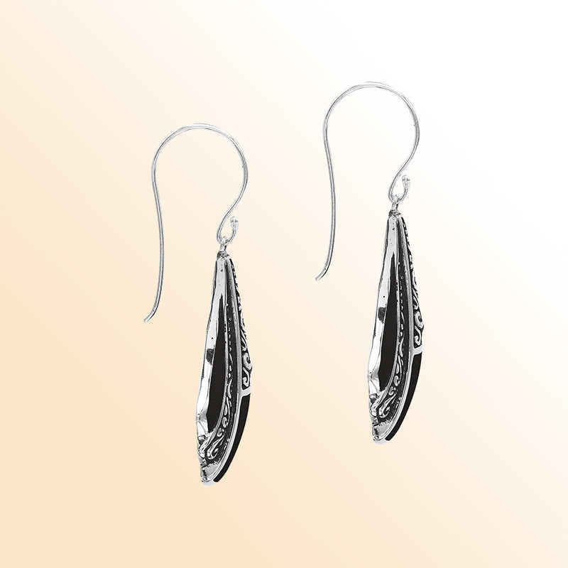 Handcrafted Balinese Sterling Silver Filigree Drop Earrings With Bold Black Onyx Inlay And Elegant Artisan Detailing