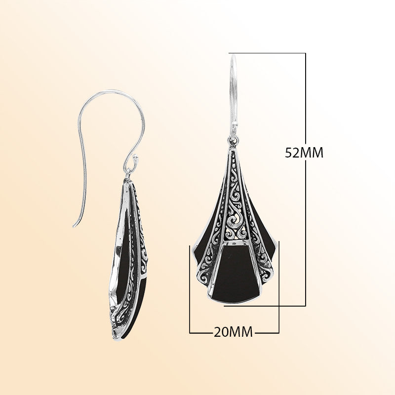 Handcrafted Balinese Sterling Silver Filigree Drop Earrings With Bold Black Onyx Inlay And Elegant Artisan Detailing