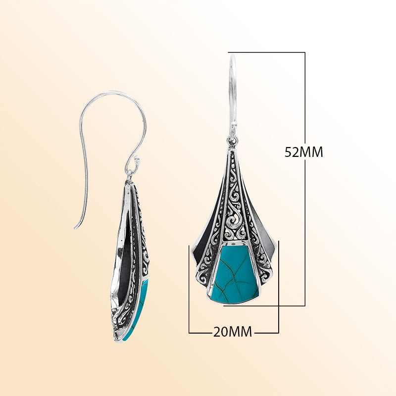Handcrafted Balinese Sterling Silver Filigree Drop Earrings With Turquoise Shell Inlay And Elegant Artisan Detailing