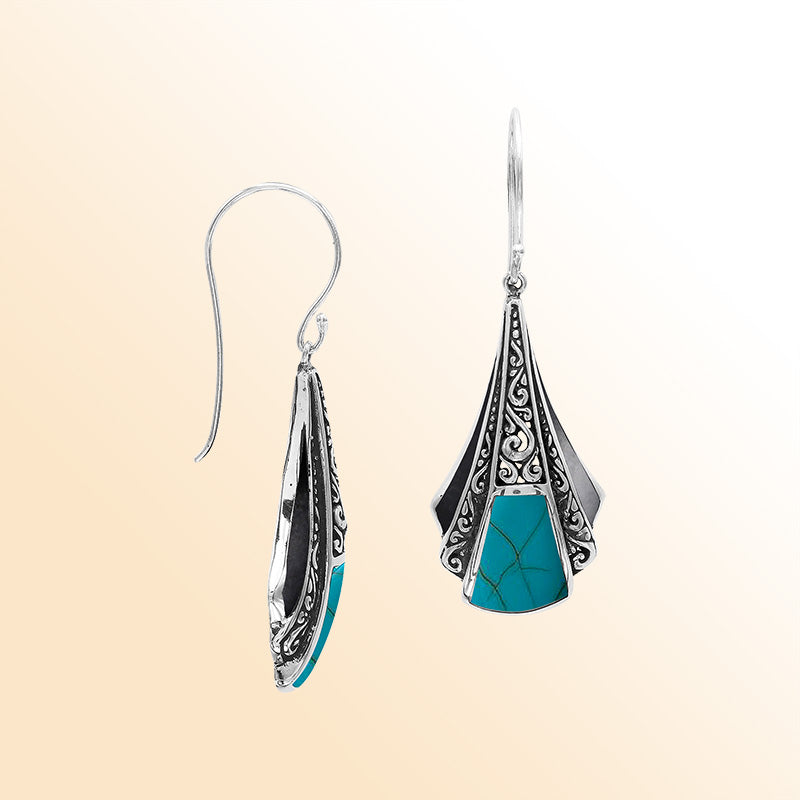 Handcrafted Balinese Sterling Silver Filigree Drop Earrings With Turquoise Shell Inlay And Elegant Artisan Detailing