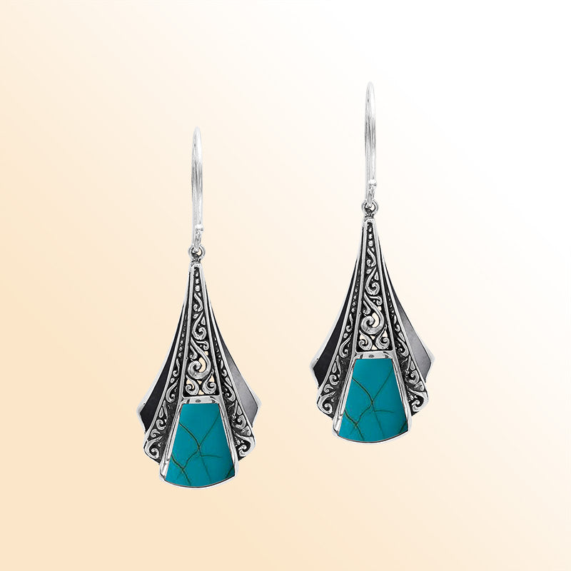 Handcrafted Balinese Sterling Silver Filigree Drop Earrings With Turquoise Shell Inlay And Elegant Artisan Detailing