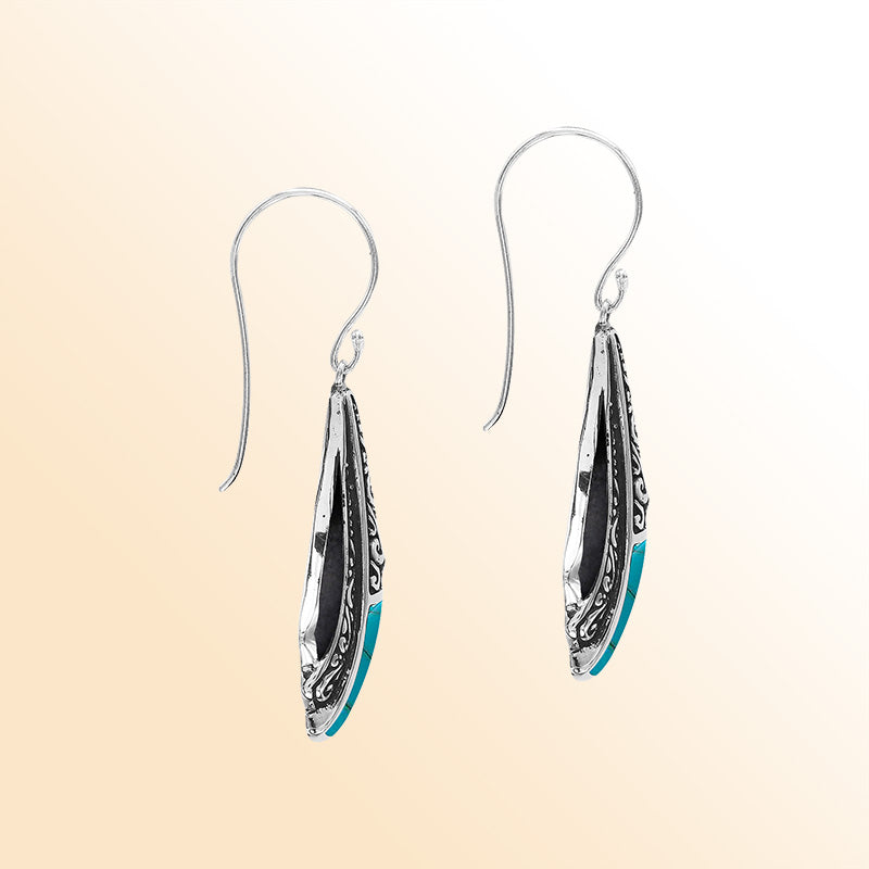 Handcrafted Balinese Sterling Silver Filigree Drop Earrings With Turquoise Shell Inlay And Elegant Artisan Detailing