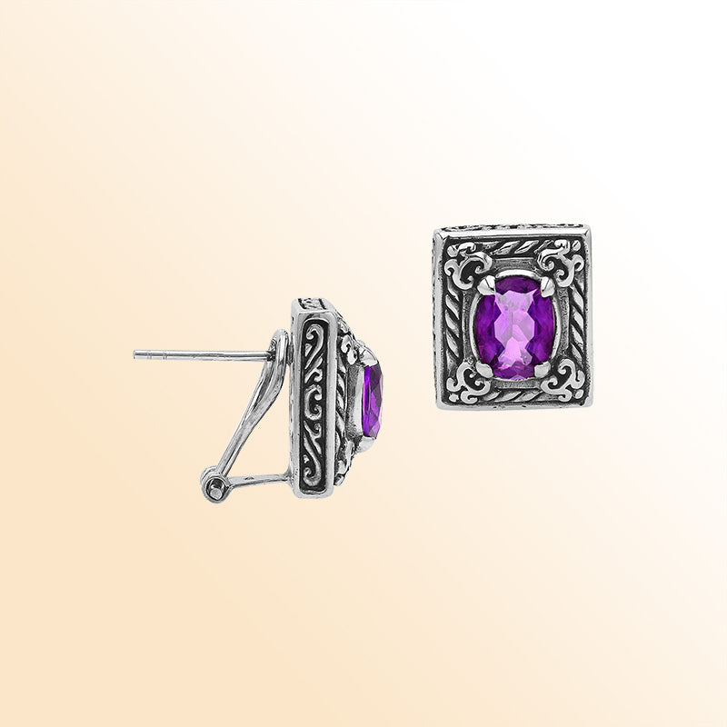 Handcrafted Balinese Sterling Silver Rectangular Carved Stud Earrings With Amethyst Quartz And Ornate Artisan Detailing