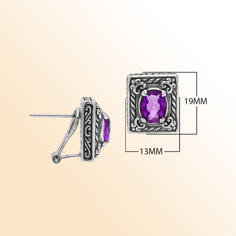 Handcrafted Balinese Sterling Silver Rectangular Carved Stud Earrings With Amethyst Quartz And Ornate Artisan Detailing