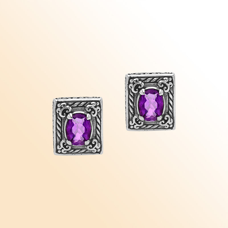 Handcrafted Balinese Sterling Silver Rectangular Carved Stud Earrings With Amethyst Quartz And Ornate Artisan Detailing
