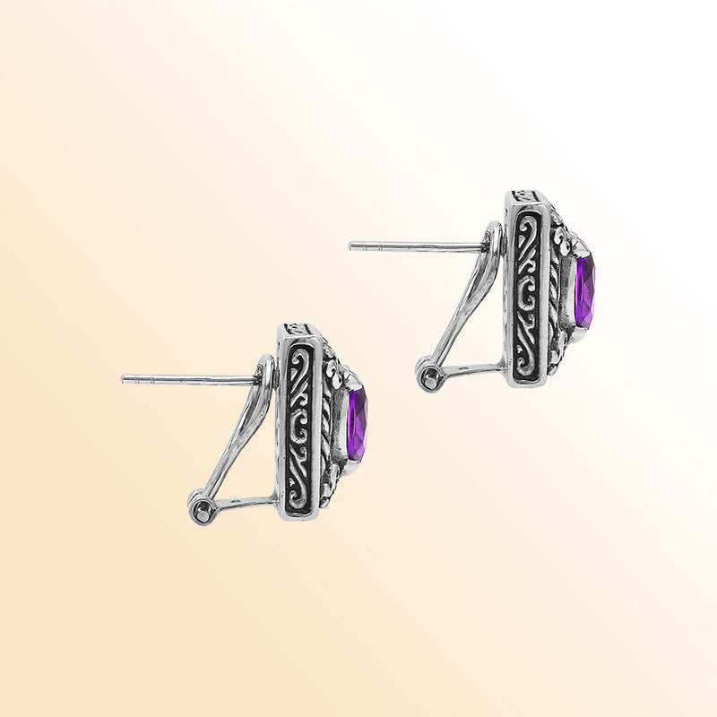 Handcrafted Balinese Sterling Silver Rectangular Carved Stud Earrings With Amethyst Quartz And Ornate Artisan Detailing