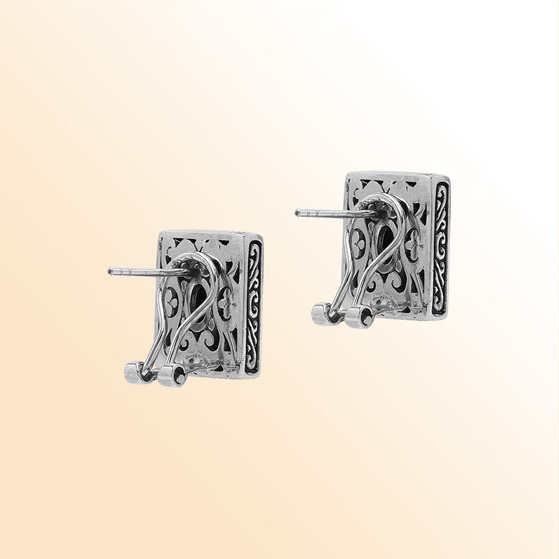 Handcrafted Balinese Sterling Silver Rectangular Carved Stud Earrings With Amethyst Quartz And Ornate Artisan Detailing