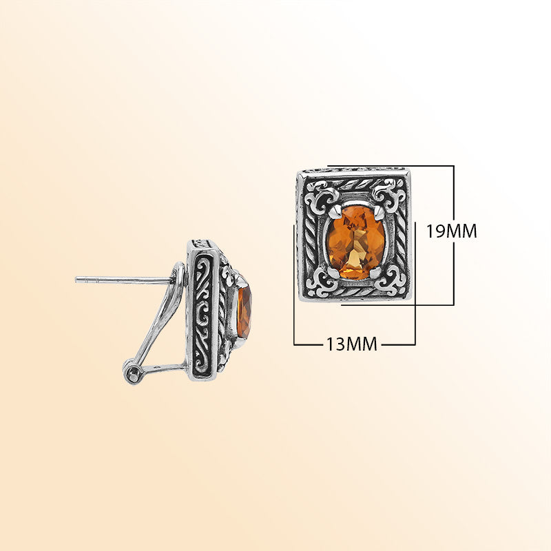 Handcrafted Balinese Sterling Silver Rectangular Carved Stud Earrings With Citrine Quartz And Ornate Artisan Detailing