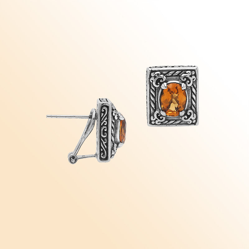 Handcrafted Balinese Sterling Silver Rectangular Carved Stud Earrings With Citrine Quartz And Ornate Artisan Detailing