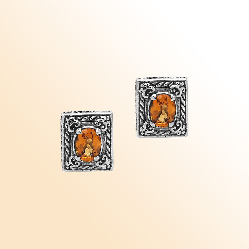 Handcrafted Balinese Sterling Silver Rectangular Carved Stud Earrings With Citrine Quartz And Ornate Artisan Detailing