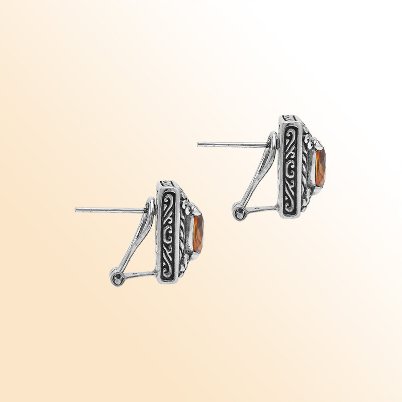 Handcrafted Balinese Sterling Silver Rectangular Carved Stud Earrings With Citrine Quartz And Ornate Artisan Detailing