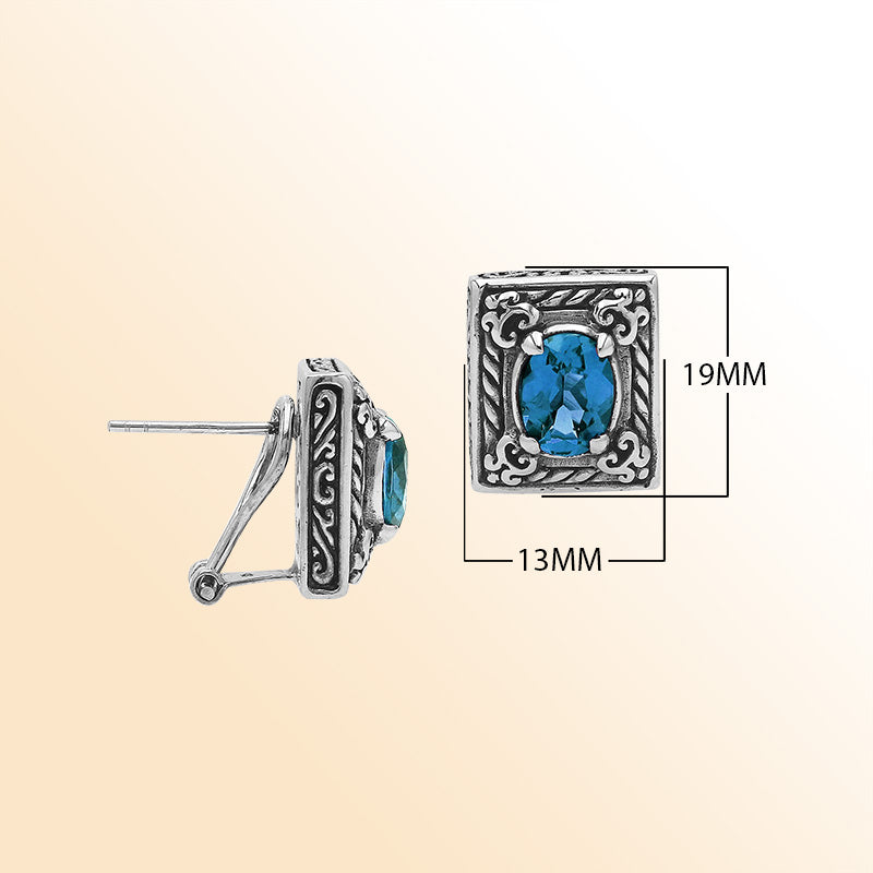 Handcrafted Balinese Sterling Silver Rectangular Carved Stud Earrings With London Blue Topaz Quartz And Ornate Artisan Detailing