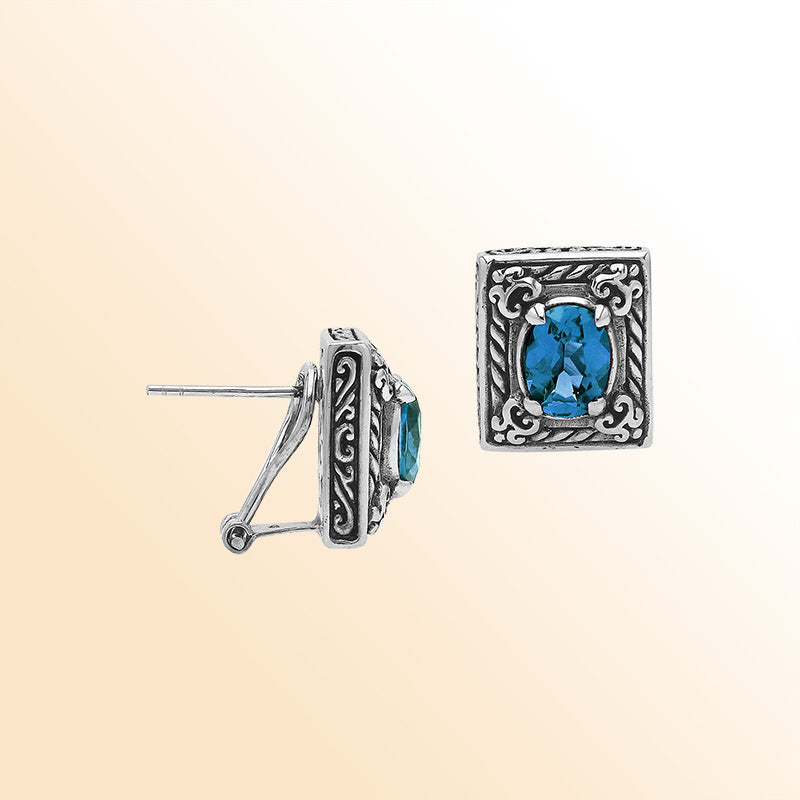 Handcrafted Balinese Sterling Silver Rectangular Carved Stud Earrings With London Blue Topaz Quartz And Ornate Artisan Detailing