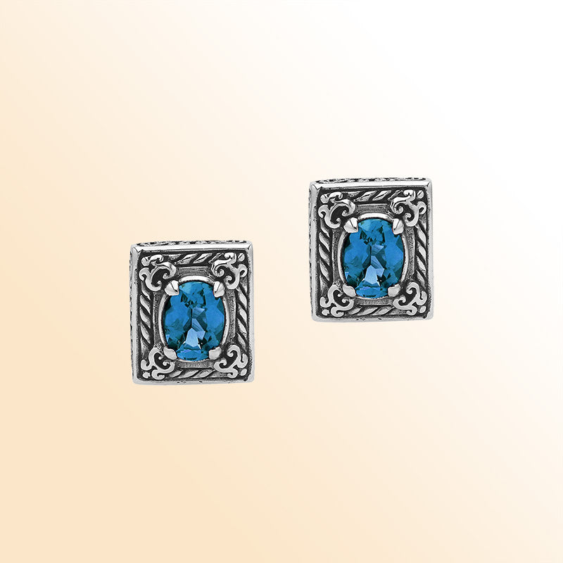 Handcrafted Balinese Sterling Silver Rectangular Carved Stud Earrings With London Blue Topaz Quartz And Ornate Artisan Detailing