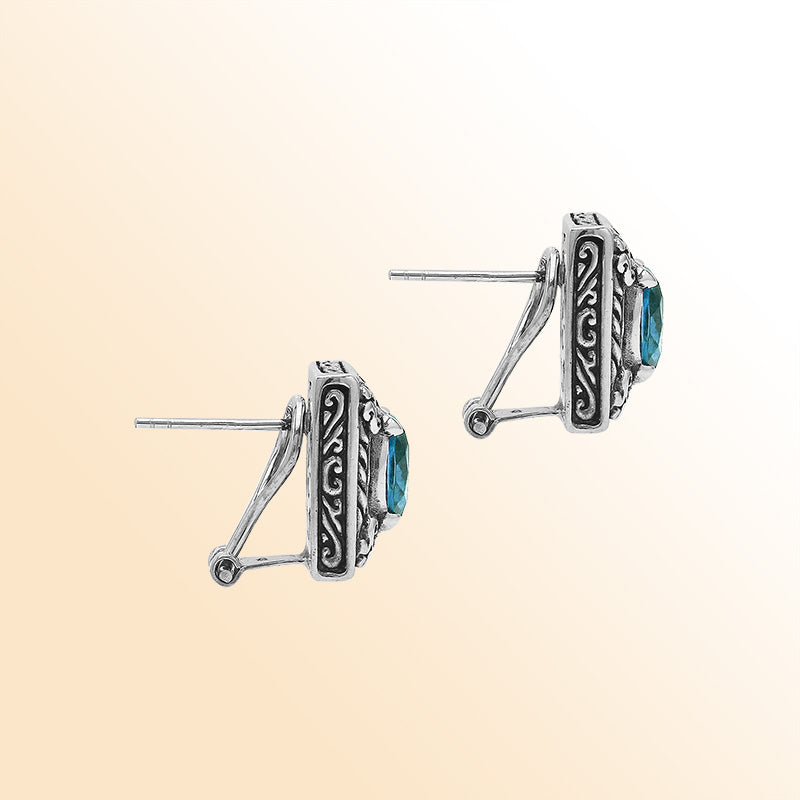 Handcrafted Balinese Sterling Silver Rectangular Carved Stud Earrings With London Blue Topaz Quartz And Ornate Artisan Detailing