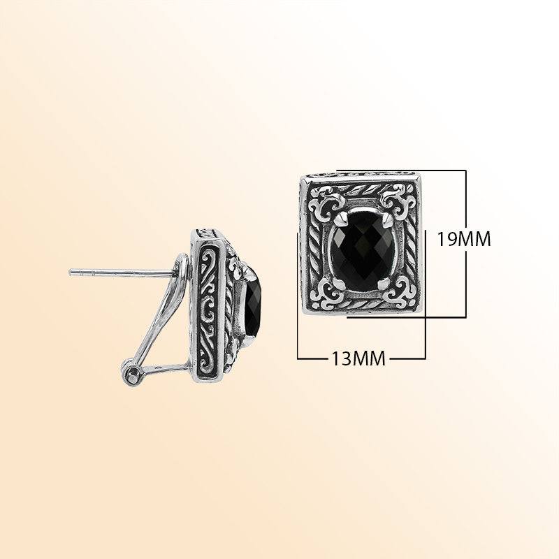 Handcrafted Balinese Sterling Silver Rectangular Carved Stud Earrings With Black Onyx And Ornate Artisan Detailing