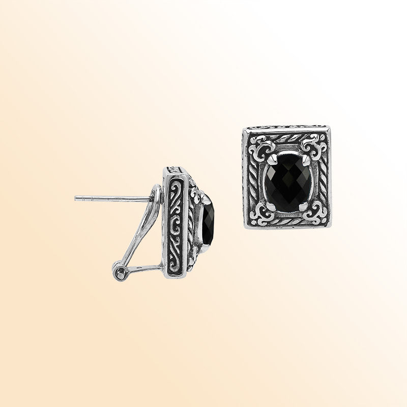 Handcrafted Balinese Sterling Silver Rectangular Carved Stud Earrings With Black Onyx And Ornate Artisan Detailing
