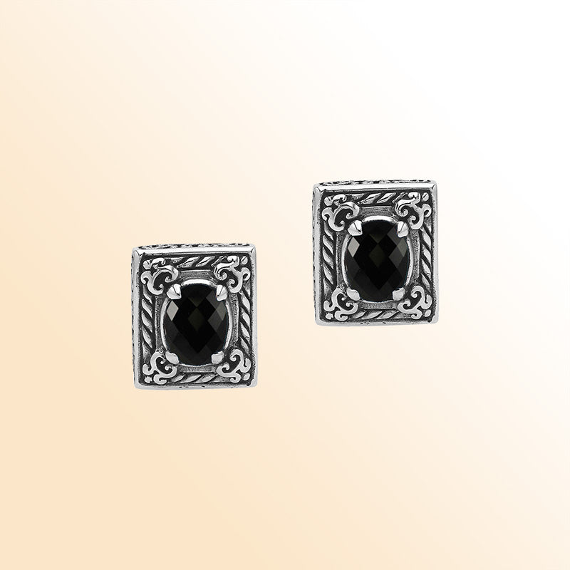 Handcrafted Balinese Sterling Silver Rectangular Carved Stud Earrings With Black Onyx And Ornate Artisan Detailing