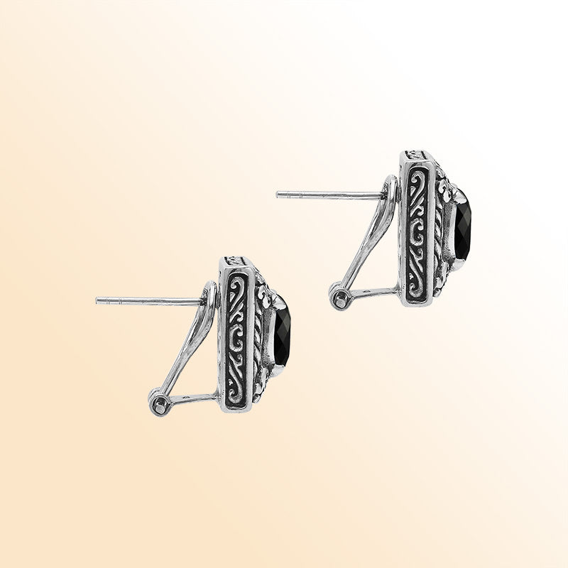 Handcrafted Balinese Sterling Silver Rectangular Carved Stud Earrings With Black Onyx And Ornate Artisan Detailing