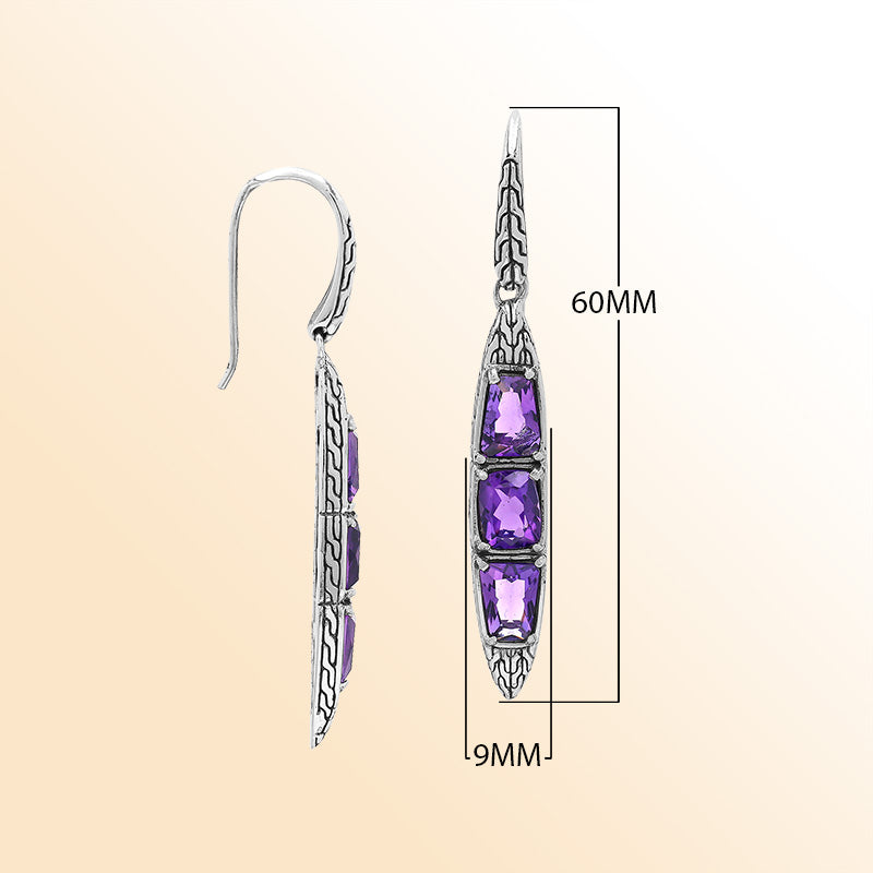 Handcrafted Balinese Sterling Silver Cascading Drop Earrings With Triple Amethyst Quartz And Chain Pattern Carving