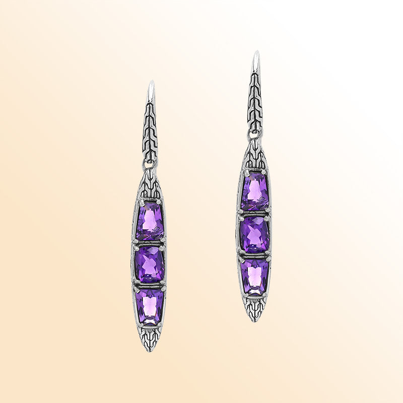 Handcrafted Balinese Sterling Silver Cascading Drop Earrings With Triple Amethyst Quartz And Chain Pattern Carving
