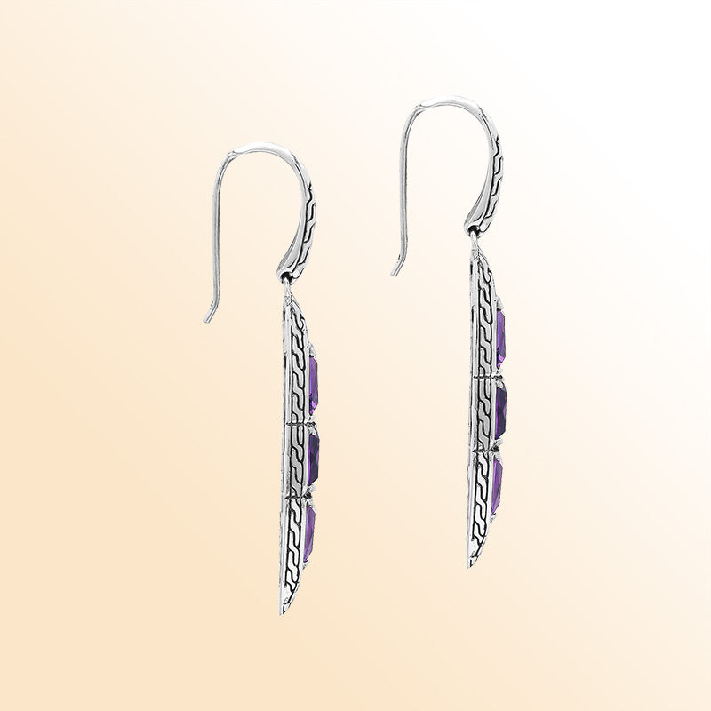 Handcrafted Balinese Sterling Silver Cascading Drop Earrings With Triple Amethyst Quartz And Chain Pattern Carving