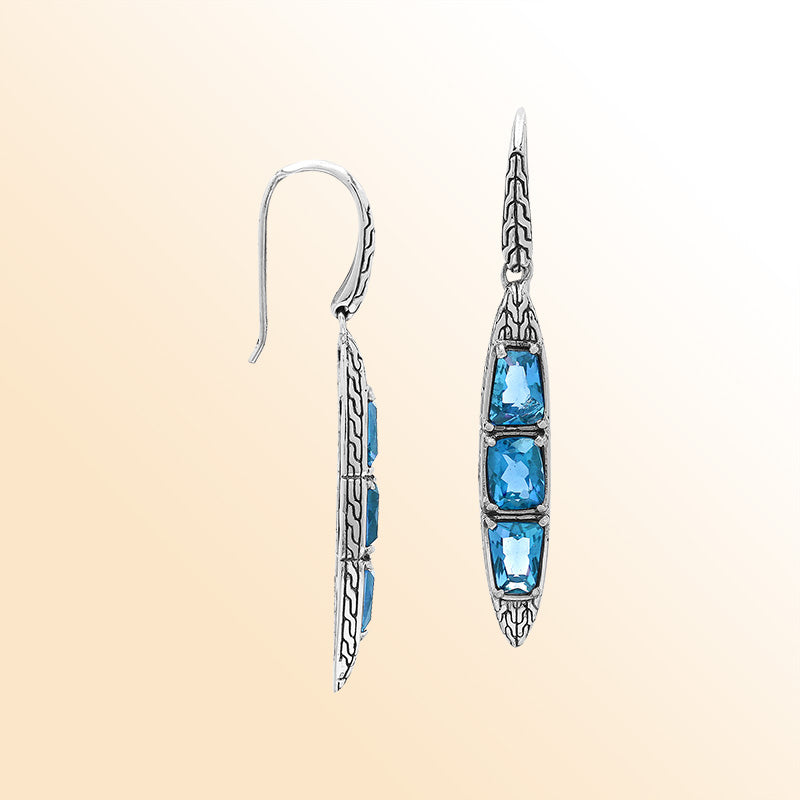 Handcrafted Balinese Sterling Silver Cascading Drop Earrings With Triple Blue Topaz Quartz And Chain Pattern Carving