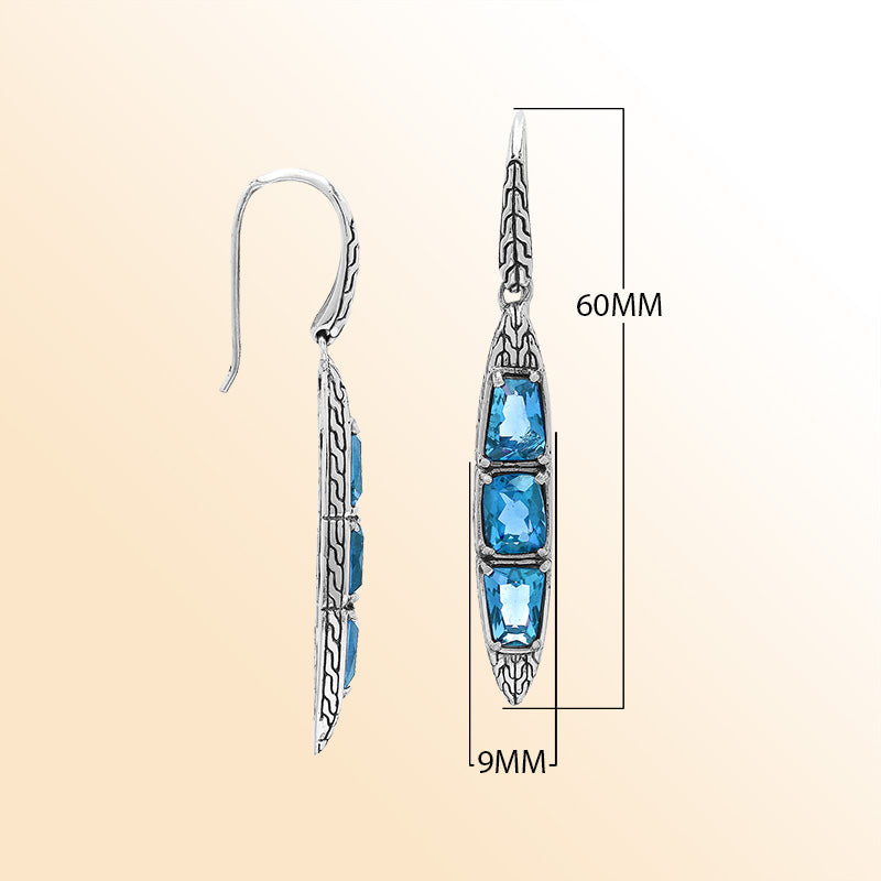 Handcrafted Balinese Sterling Silver Cascading Drop Earrings With Triple Blue Topaz Quartz And Chain Pattern Carving