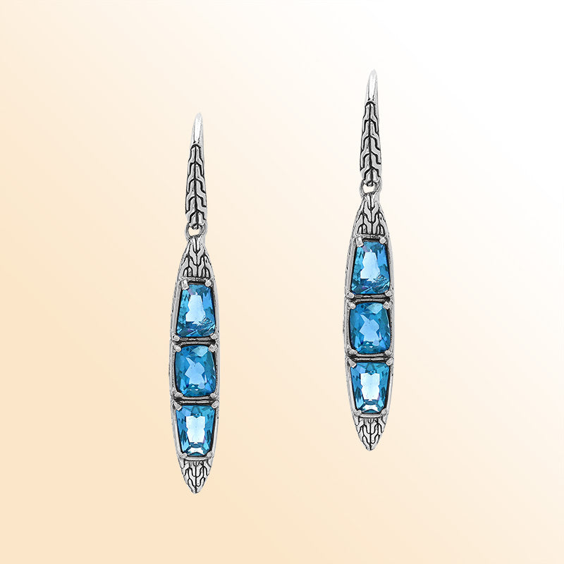 Handcrafted Balinese Sterling Silver Cascading Drop Earrings With Triple Blue Topaz Quartz And Chain Pattern Carving