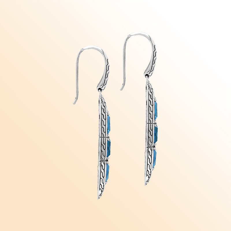 Handcrafted Balinese Sterling Silver Cascading Drop Earrings With Triple Blue Topaz Quartz And Chain Pattern Carving