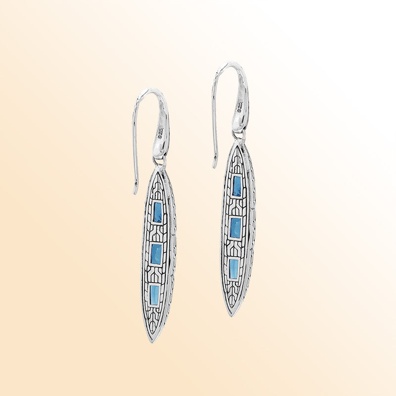 Handcrafted Balinese Sterling Silver Cascading Drop Earrings With Triple Blue Topaz Quartz And Chain Pattern Carving