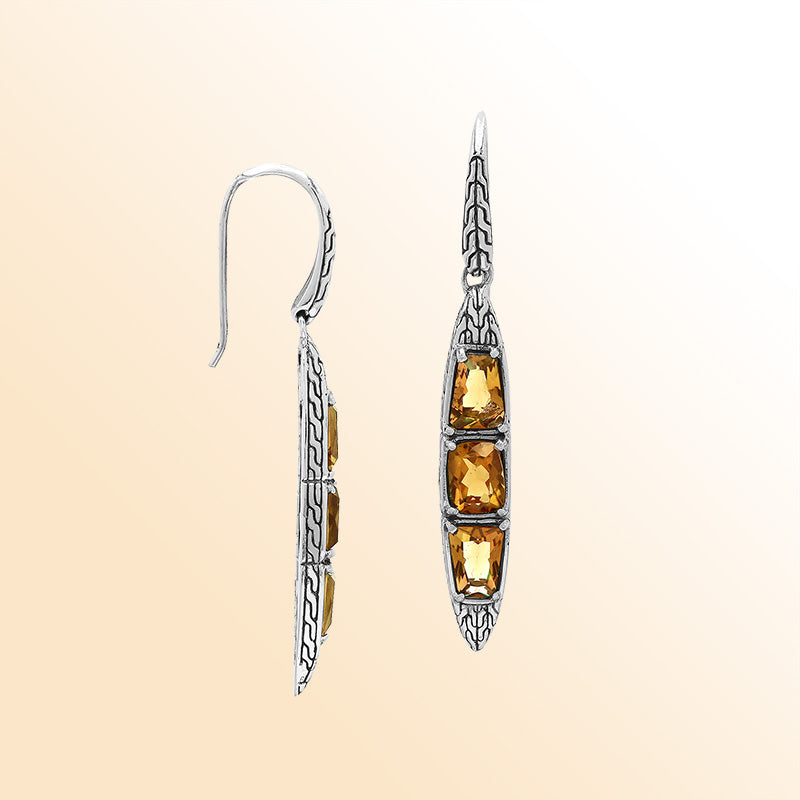 Handcrafted Balinese Sterling Silver Cascading Drop Earrings With Triple Citrine Quartz And Chain Pattern Carving