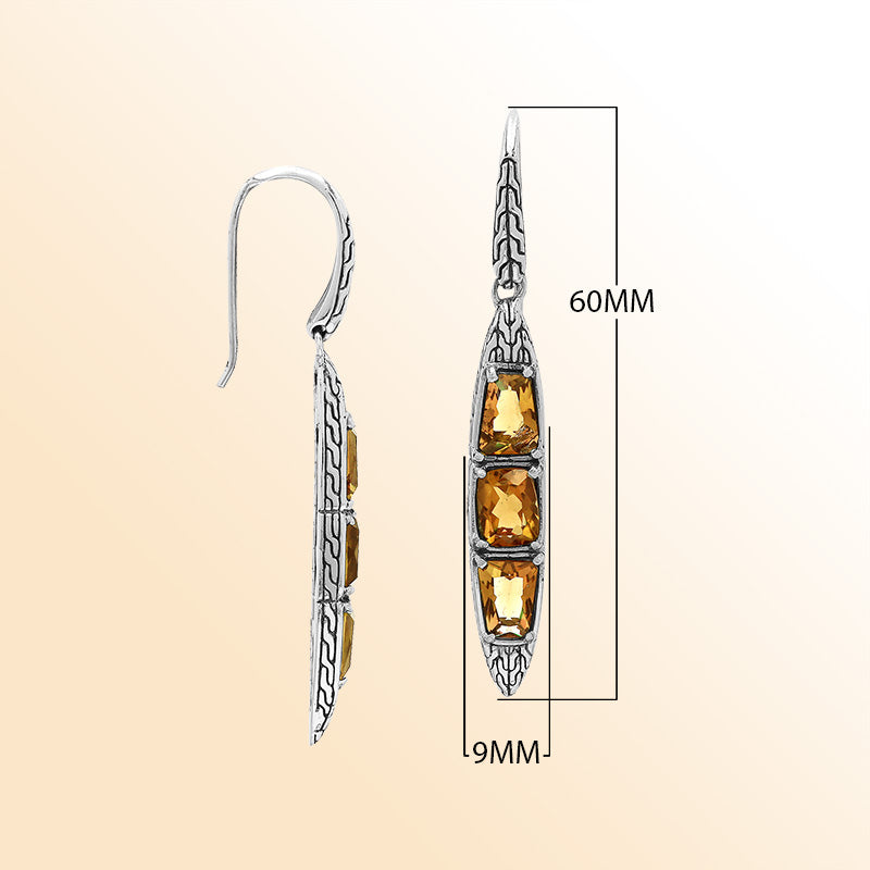 Handcrafted Balinese Sterling Silver Cascading Drop Earrings With Triple Citrine Quartz And Chain Pattern Carving