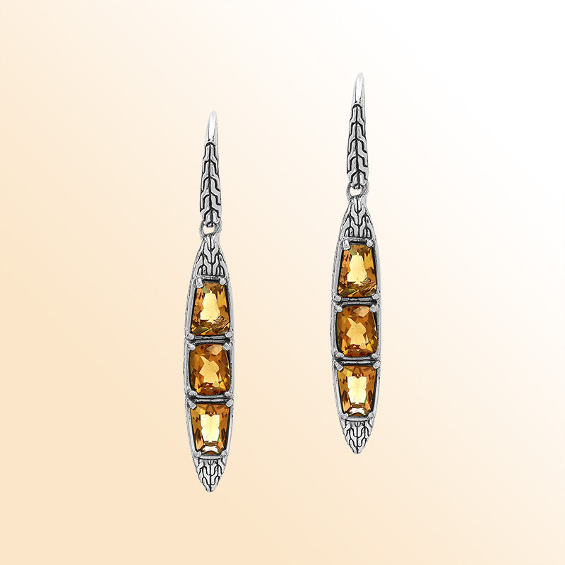 Handcrafted Balinese Sterling Silver Cascading Drop Earrings With Triple Citrine Quartz And Chain Pattern Carving