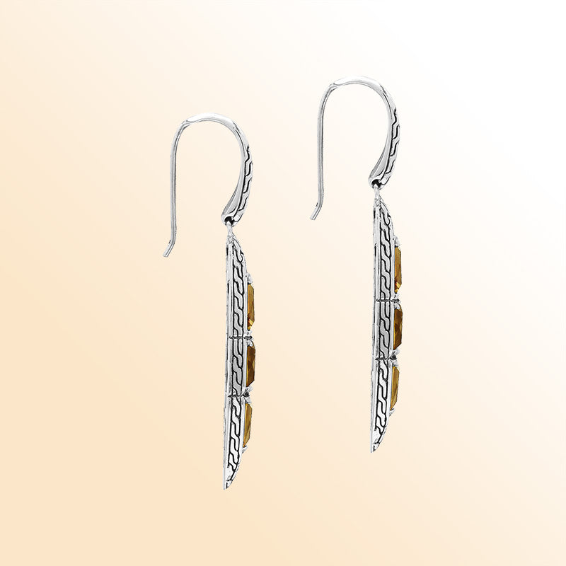 Handcrafted Balinese Sterling Silver Cascading Drop Earrings With Triple Citrine Quartz And Chain Pattern Carving