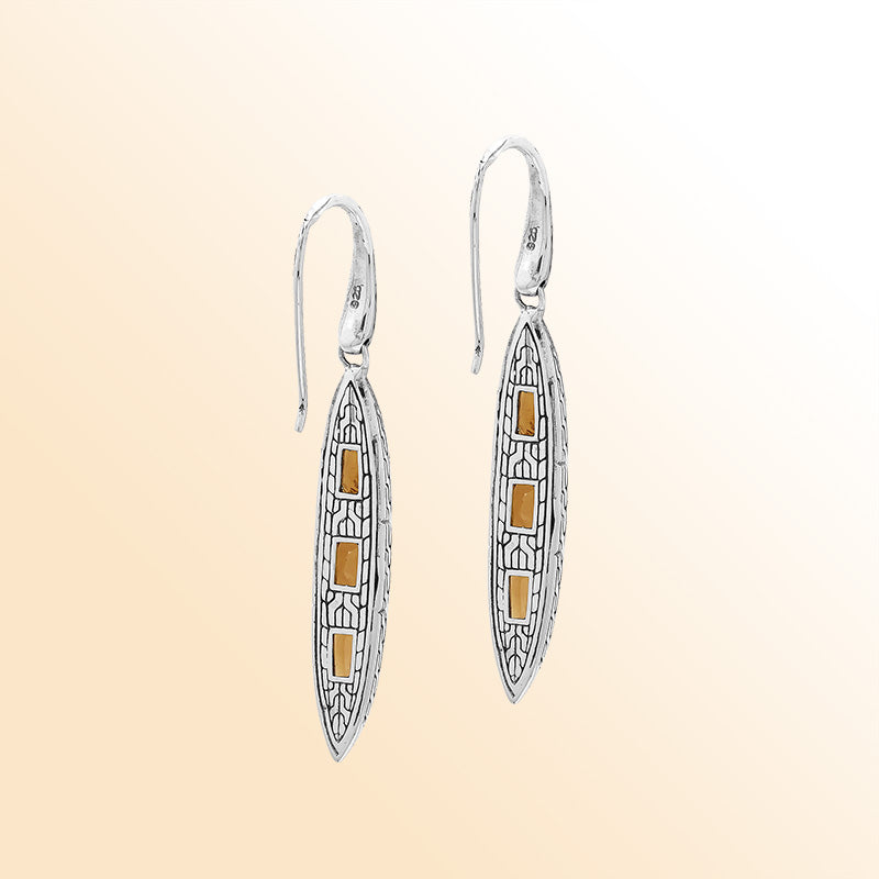 Handcrafted Balinese Sterling Silver Cascading Drop Earrings With Triple Citrine Quartz And Chain Pattern Carving